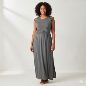Sleeveless Gray Maxi Dress with Ladder-Trim Shoulders